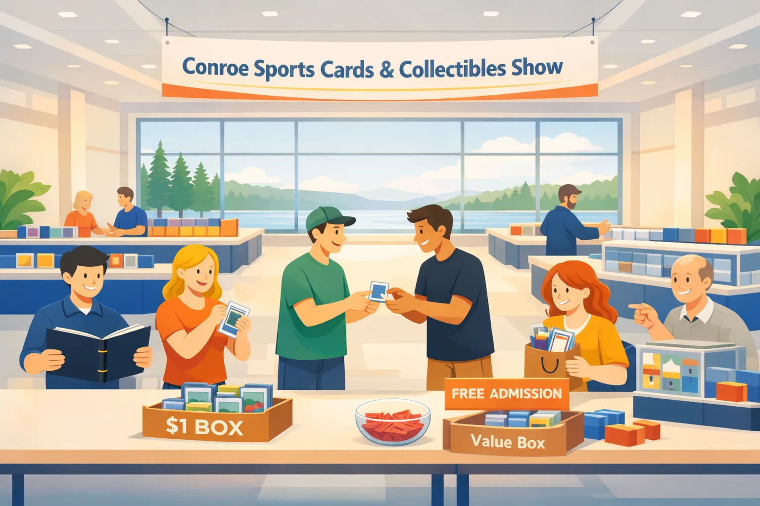 Modern vector illustration of the Conroe Sports Cards & Collectibles Show with collectors trading cards inside a bright hotel vendor hall near Lake Conroe.