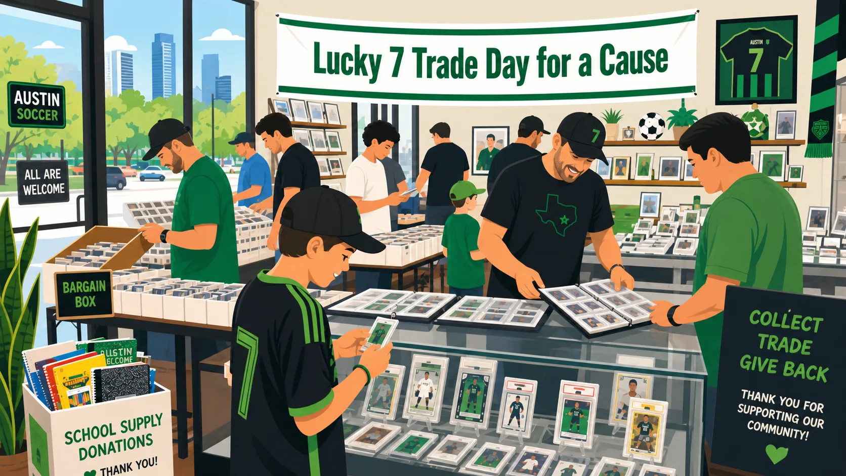 Lucky 7 Trade Day for a Cause at an Austin card shop—collectors flipping soccer binders, a graded card display case, and a school supply donation bin.