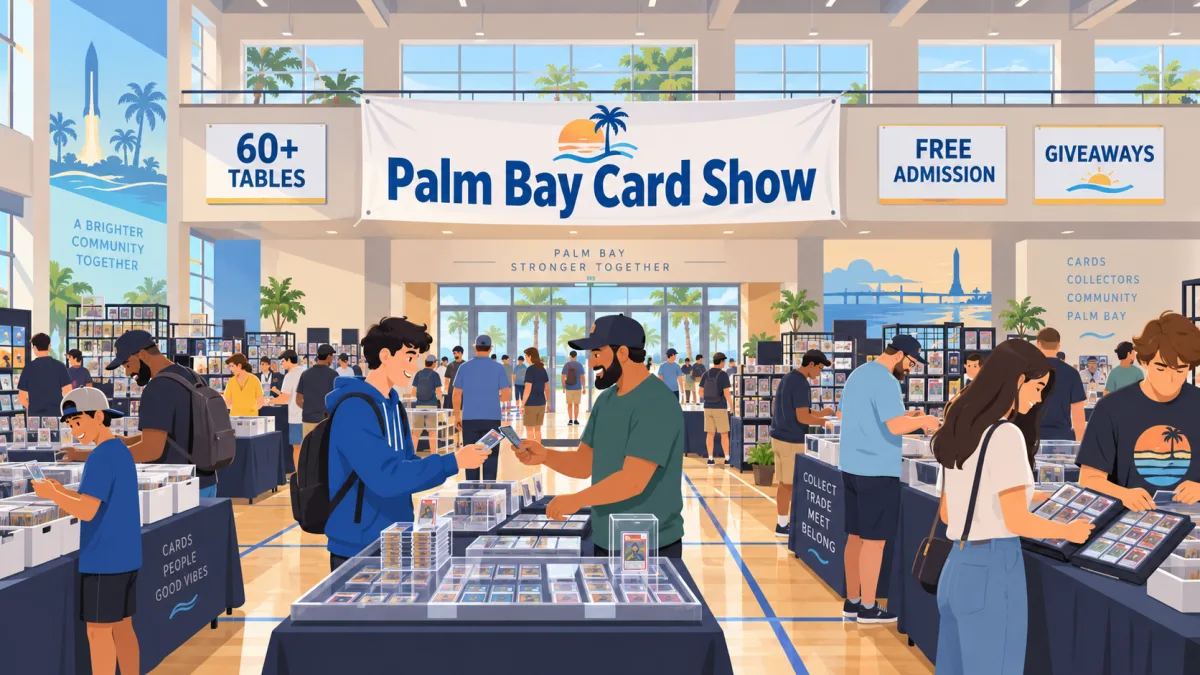 Illustration of collectors browsing card tables inside a Palm Bay community center beneath a Palm Bay Card Show banner.