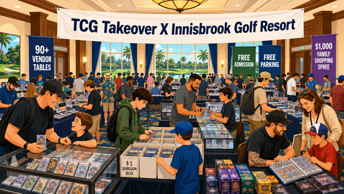 TCG Takeover at Innisbrook Golf Resort, Palm Harbor FL, with 90+ vendor tables, graded card display cases, and a one-dollar bargain box.