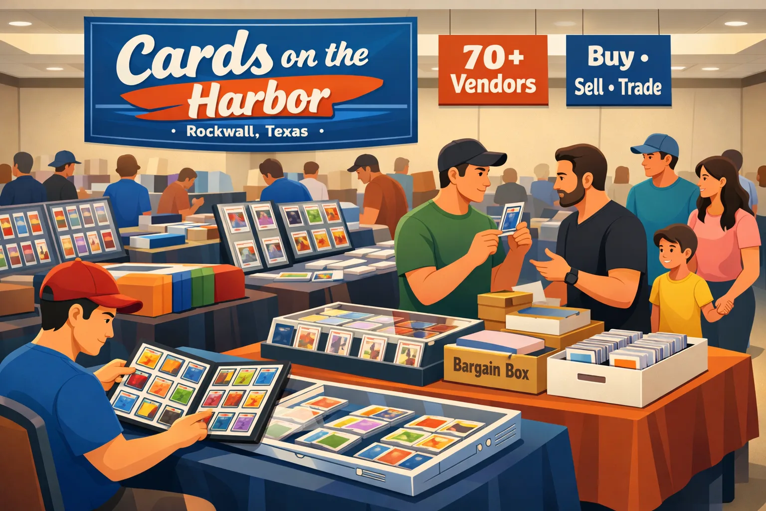 Cards on the Harbor April 2026 hero image showing a busy hotel card show in Rockwall, Texas with vendor tables, display cases, collectors browsing Pokémon, One Piece, sports cards, and families walking the aisle.
