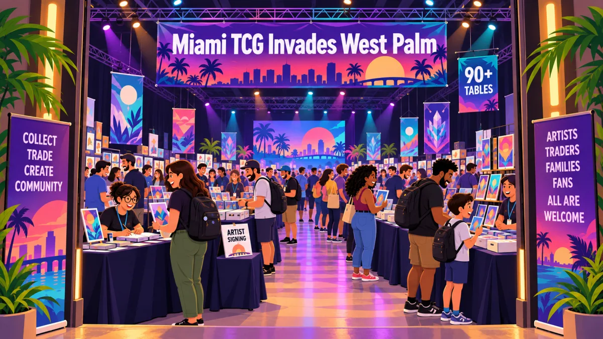 Collectors and families browse card and comic tables inside a studio soundstage beneath a Miami TCG Invades West Palm banner. An artist signing table and violet and turquoise lighting frame the convention floor.