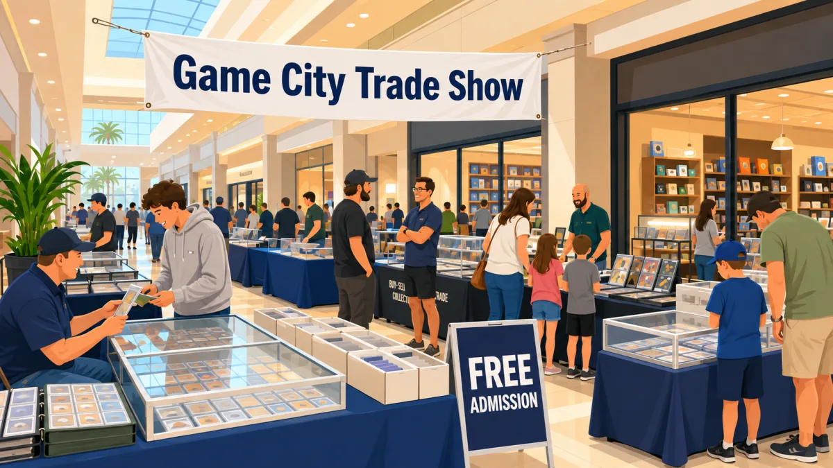 Illustration of collectors browsing a compact card show beside a collectibles storefront inside Volusia Mall, beneath Game City Trade Show and Free Admission signs.