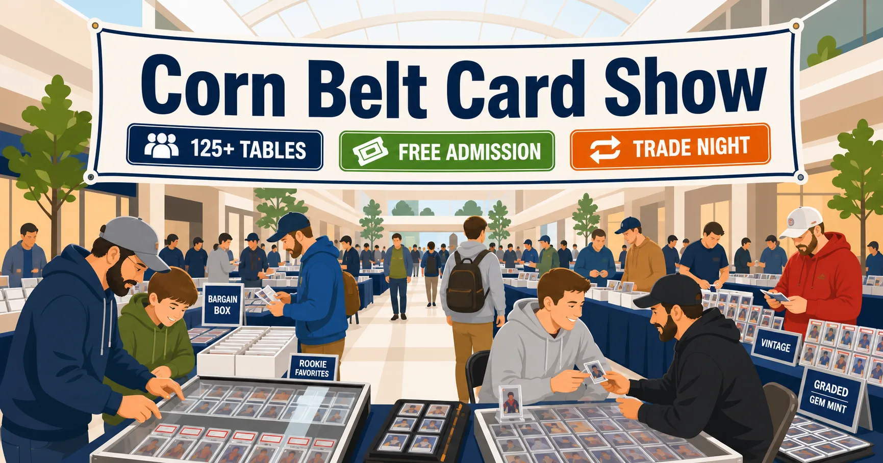 Corn Belt Card Show at Cross County Mall in Mattoon, IL — 125+ tables of graded gem mint slabs, vintage and rookie cards, with collectors trading under the banner.
