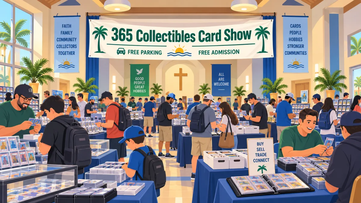 Illustration of collectors browsing card tables inside a parish hall beneath a 365 Collectibles Card Show banner with free admission and free parking callouts.