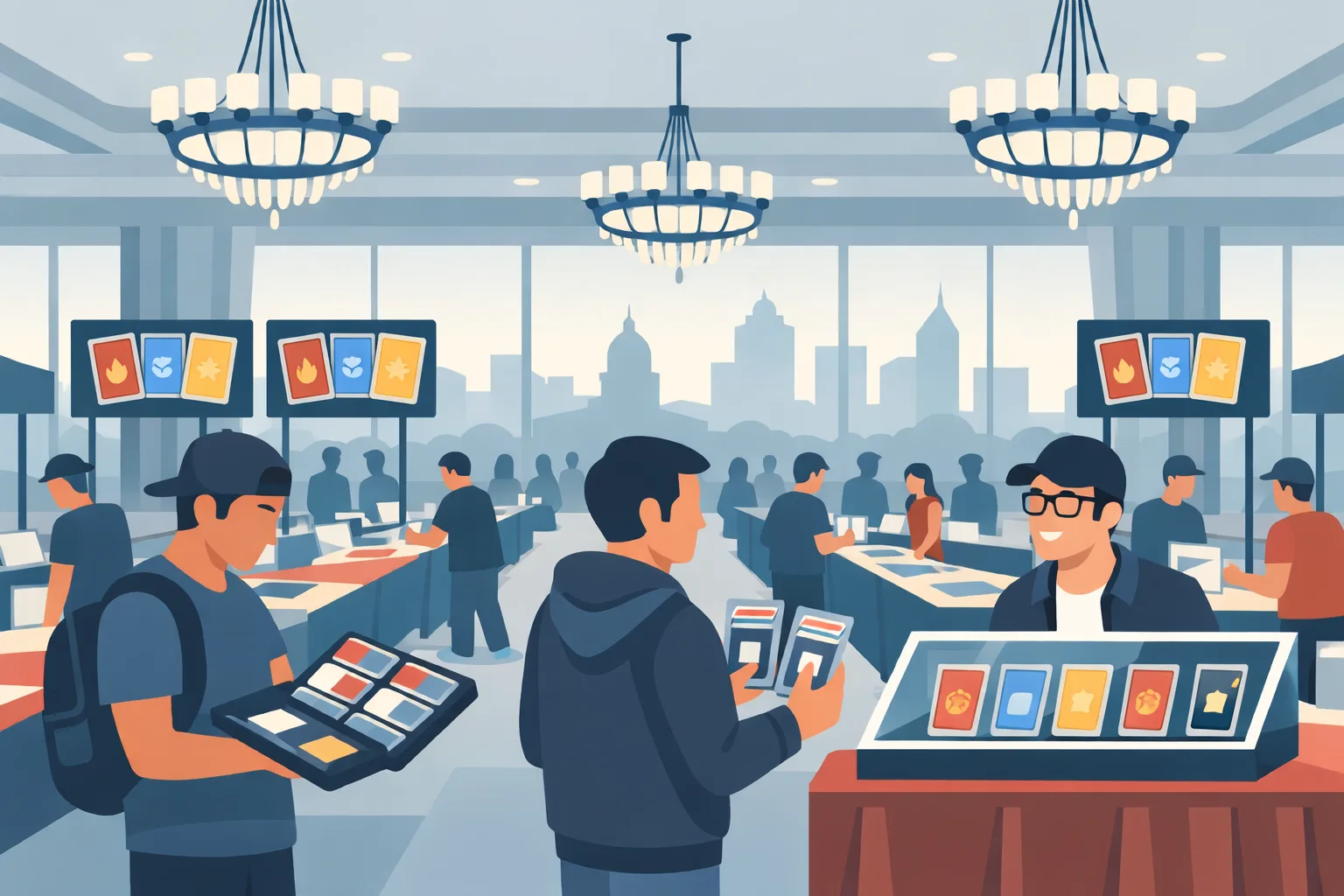 Modern illustration of an Austin trading card show with vendors and collectors in a hotel ballroom.