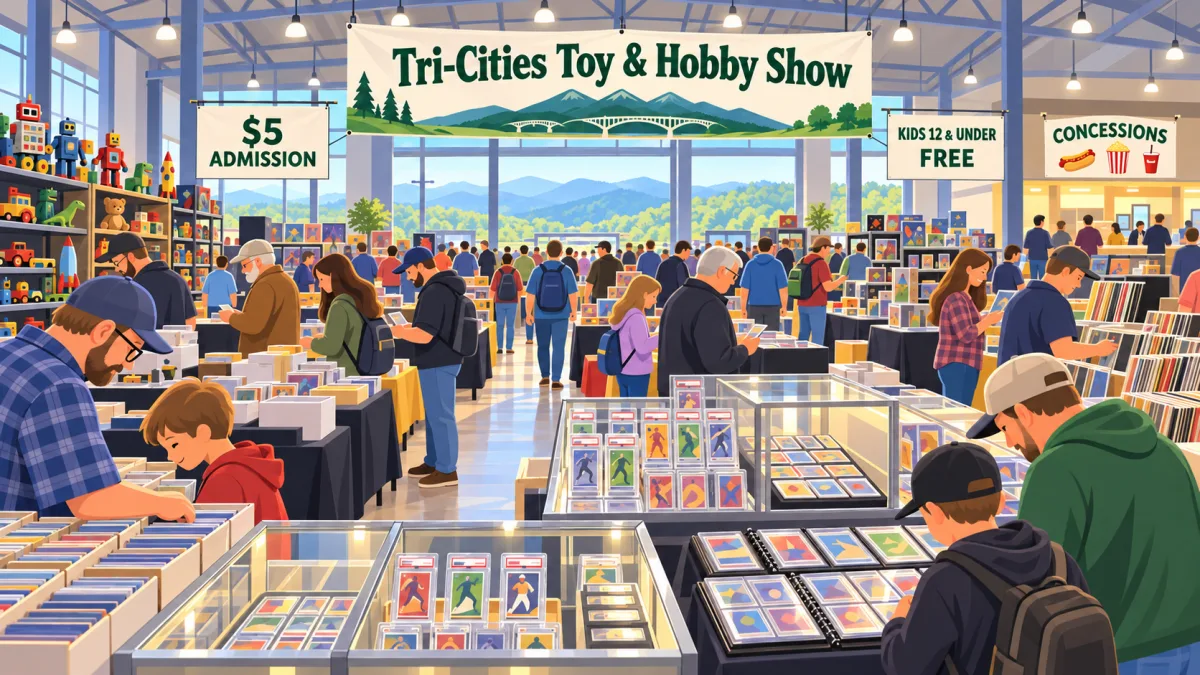 Illustration of collectors browsing cards, toys, and records inside a fairgrounds exhibit hall beneath a Tri-Cities Toy & Hobby Show banner.