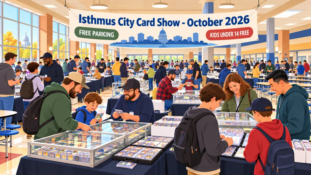 Illustrated trading card show in a bright school cafeteria, with collectors browsing tables beneath an Isthmus City Card Show - October 2026 banner.