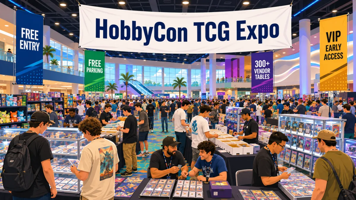 HobbyCon TCG Expo convention floor packed with collectors browsing 300+ vendor tables, glass cases of graded card slabs and trading card binders.