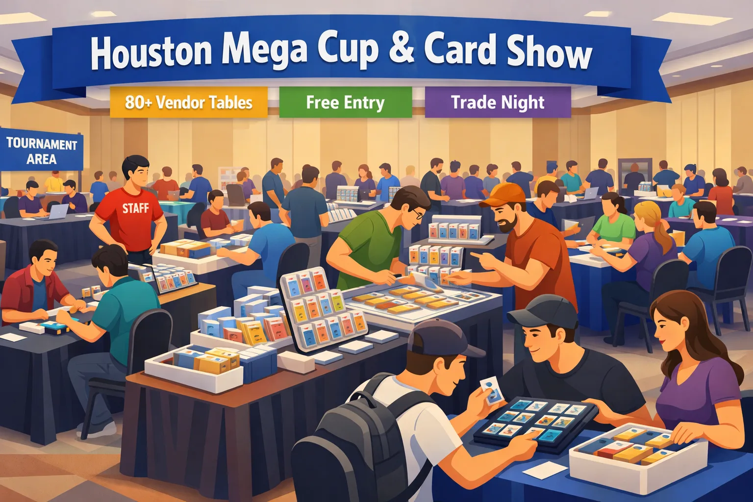Hero illustration of the Houston Mega Cup & Card Show in Houston, Texas, inside a busy hotel ballroom with Pokémon vendor tables, display cases, tournament players, binders, and collectors trading.