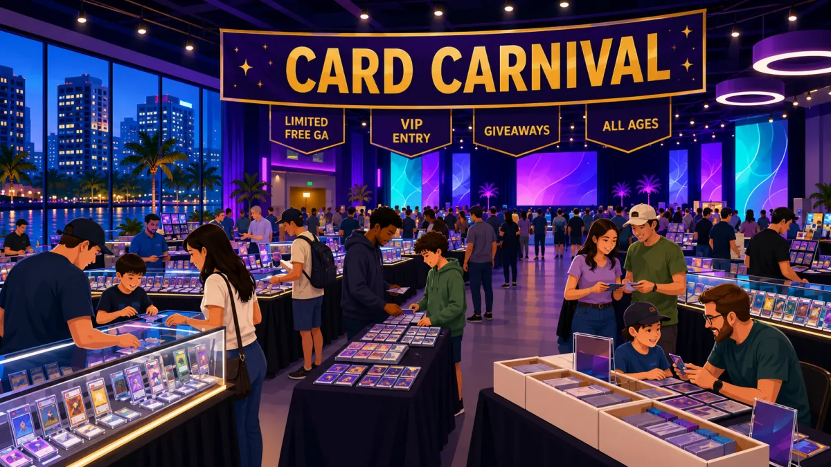 Families and collectors browse card tables inside a colorful Fort Lauderdale event venue beneath a Card Carnival banner.