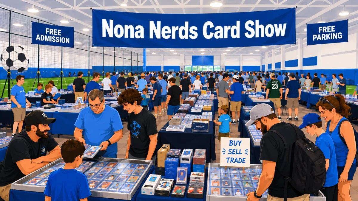 Nona Nerds Card Show packed vendor hall with buy/sell/trade tables, slabbed card displays, and sealed product, with free admission and free parking banners overhead.