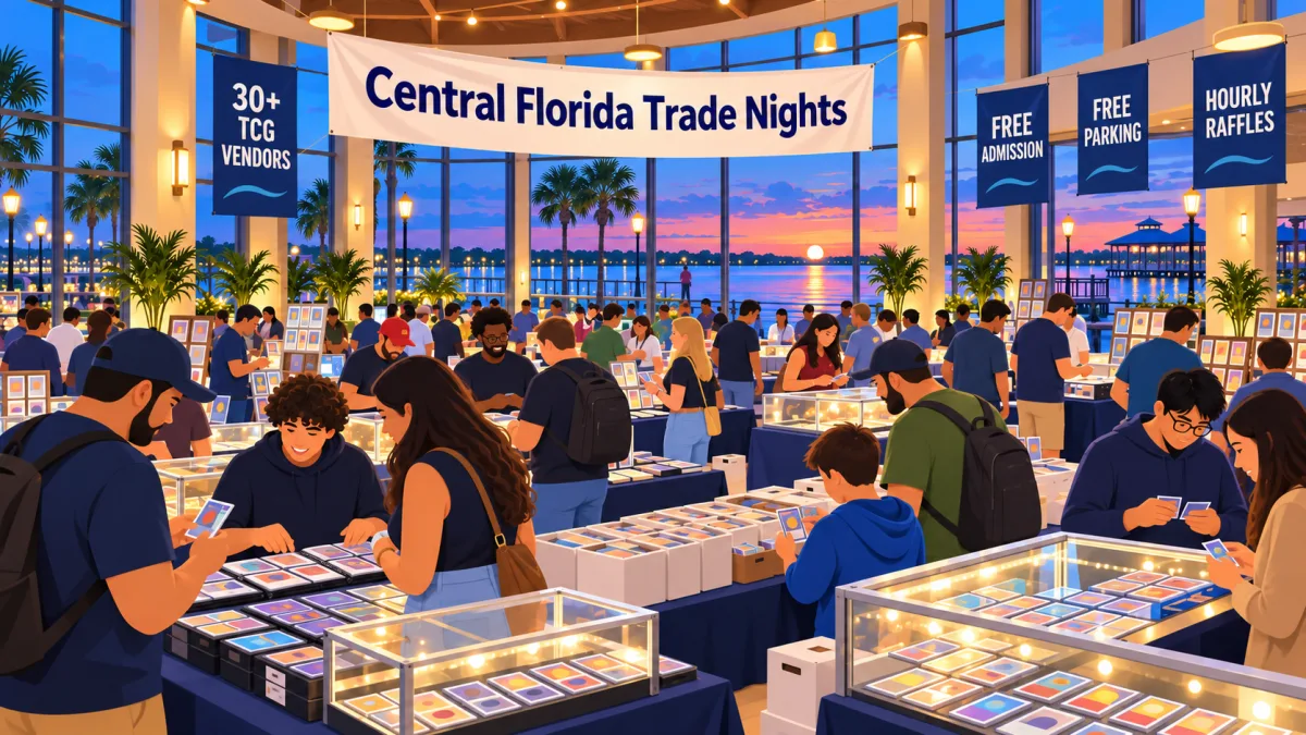 Collectors browse vendor tables and trade cards inside a bright nautical waterfront venue overlooking Lake Monroe. A banner above the show floor reads Central Florida Trade Nights.