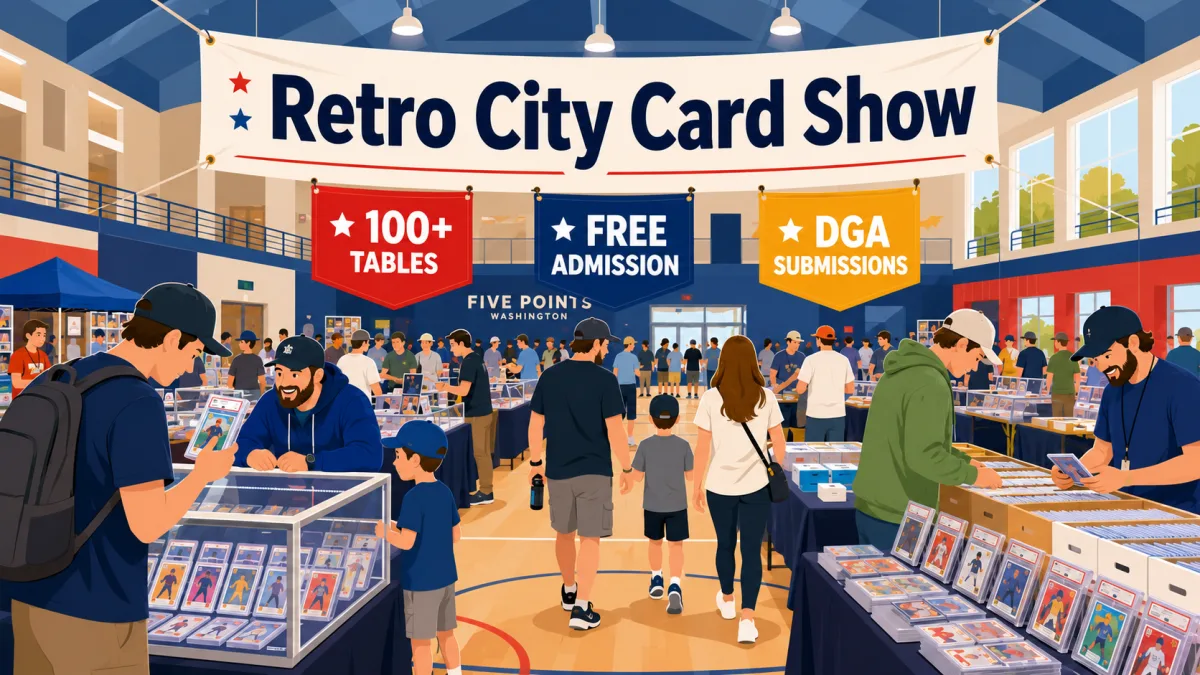 Retro City Card Show at Five Points Washington, Illinois, with vendors, glass cases of graded card slabs, and families browsing crowded tables.