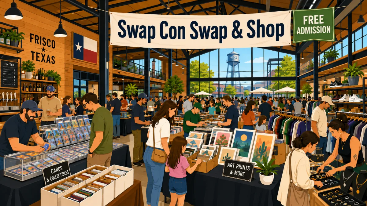 Illustration of collectors browsing cards, vintage clothing, sneakers, art, jewelry, and mixed collectibles inside a Frisco brewery beneath a Swap Con Swap & Shop banner.