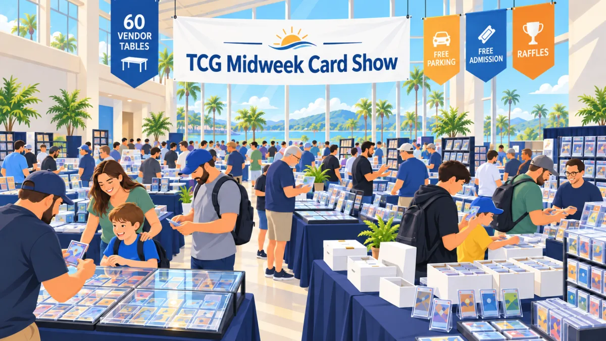 An illustrated Clermont civic-center card show with families and collectors browsing vendor tables beneath a TCG Midweek Card Show banner and free-admission callouts.
