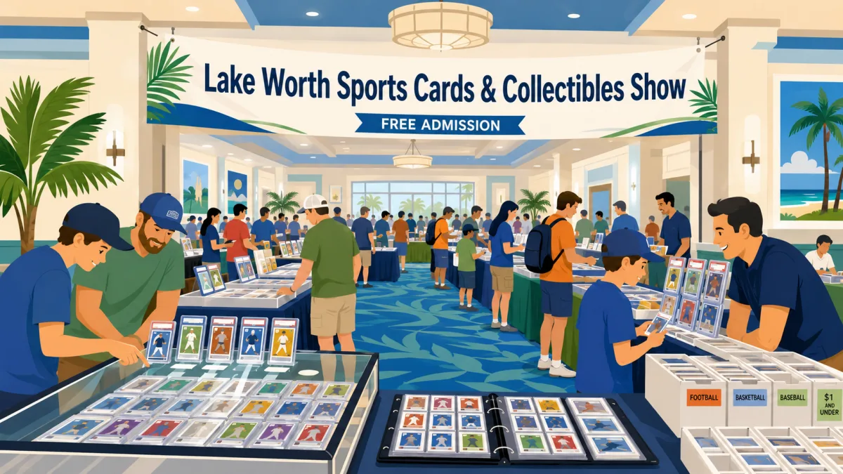 Illustration of collectors browsing card tables inside the American Polish Club beneath a Lake Worth Sports Cards & Collectibles Show banner with a free-admission callout.