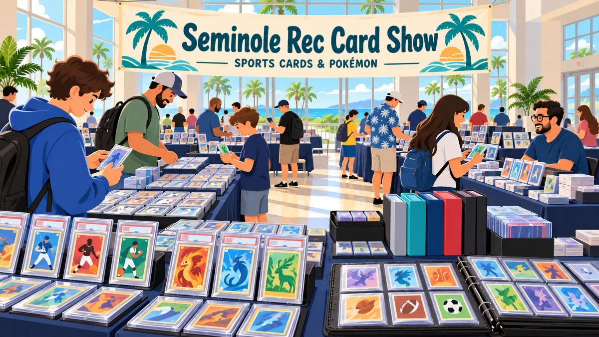 Illustrated indoor view of collectors browsing sports and trading cards beneath a Seminole Rec Card Show banner.