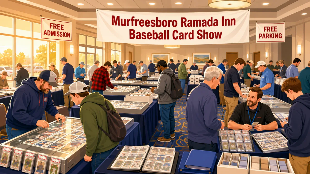 Illustration of collectors browsing sports card tables in a Murfreesboro hotel meeting room beneath a Murfreesboro Ramada Inn Baseball Card Show banner with free admission and free parking callouts.