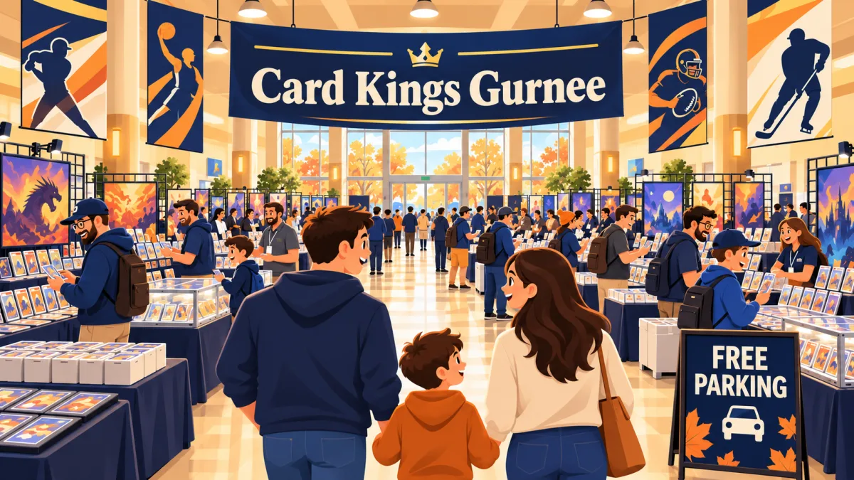 Families and collectors browse trading card tables inside an event hall beneath a Card Kings Gurnee banner. Display cases, binders, and a free parking sign complete the scene.