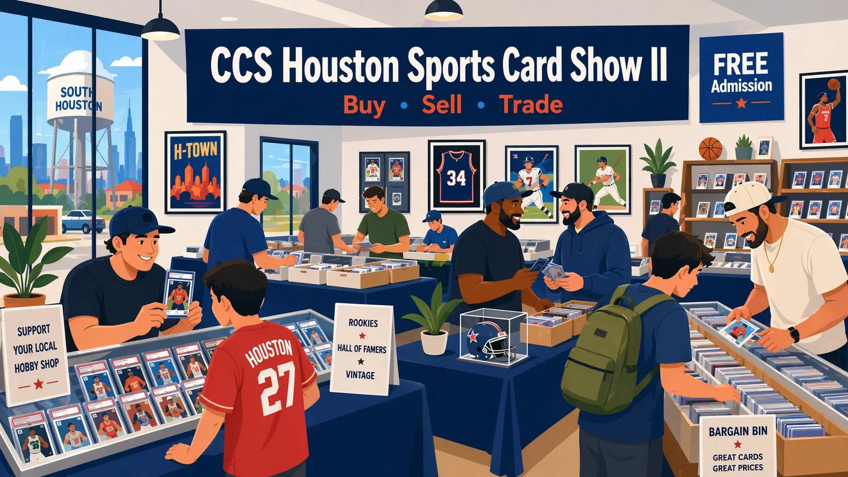 Illustration of the CCS Houston Sports Card Show II in Houston, Texas, showing a busy local card show floor with vendor tables, display cases, sports card slabs, boxes of singles, and collectors browsing and trading.
