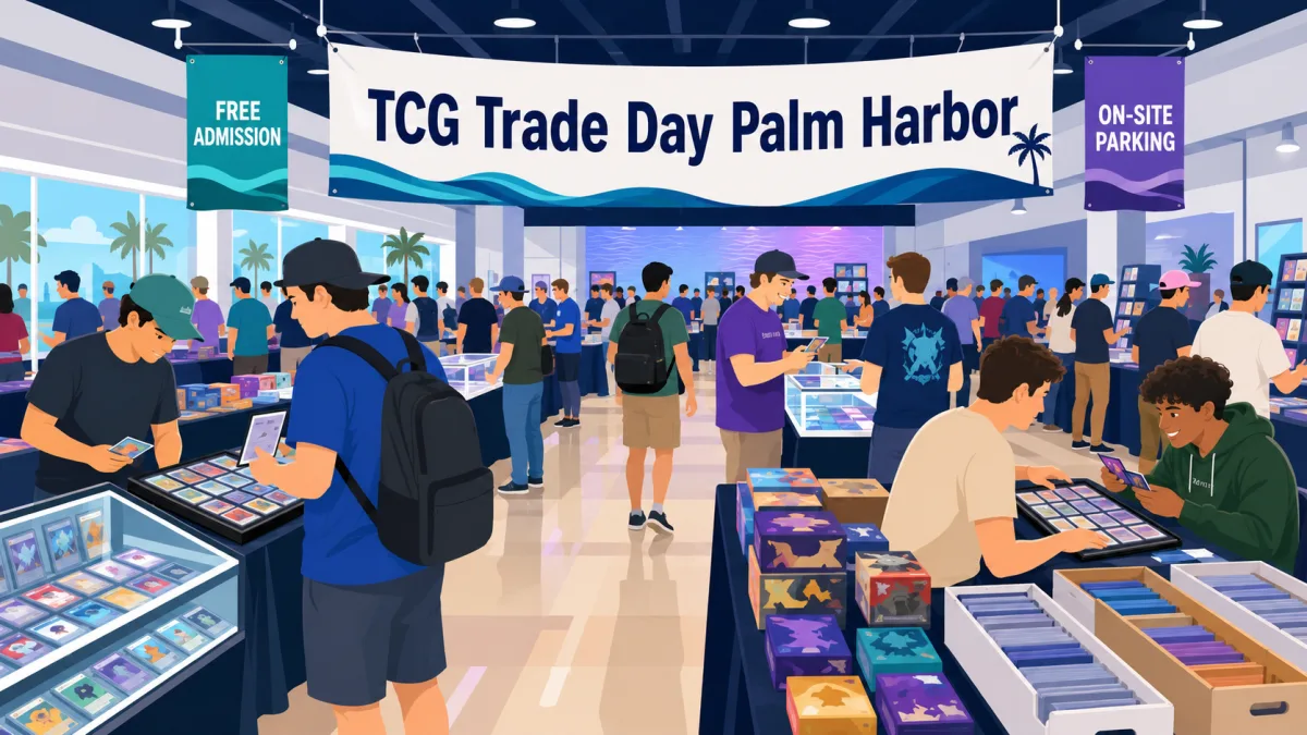 TCG Trade Day Palm Harbor, FL. Attendees flip through binders and browse glass cases of singles under "Free Admission" and "On-Site Parking" banners.