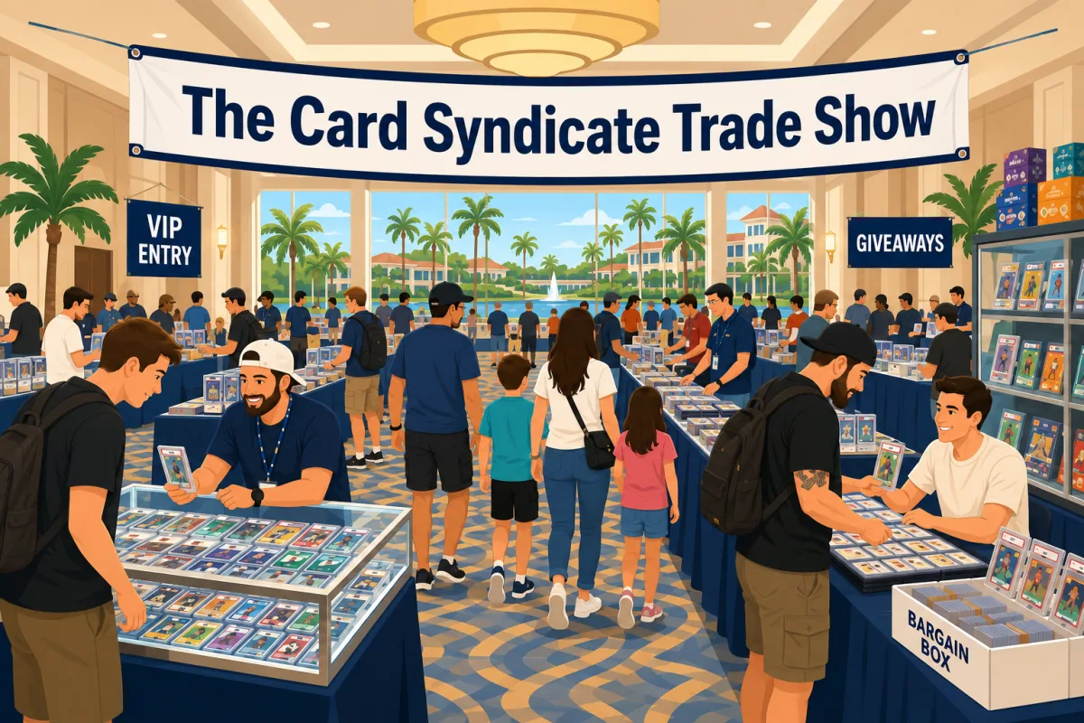 The Card Syndicate Trade Show fills a resort hall with glass cases of graded card slabs, VIP and giveaways banners, and families browsing busy vendor tables.