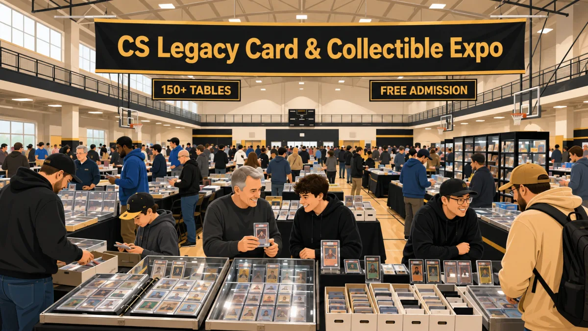 Illustrated collector show inside The MAC with rows of card tables, display cases, binders, and attendees beneath a CS Legacy Card & Collectible Expo banner.