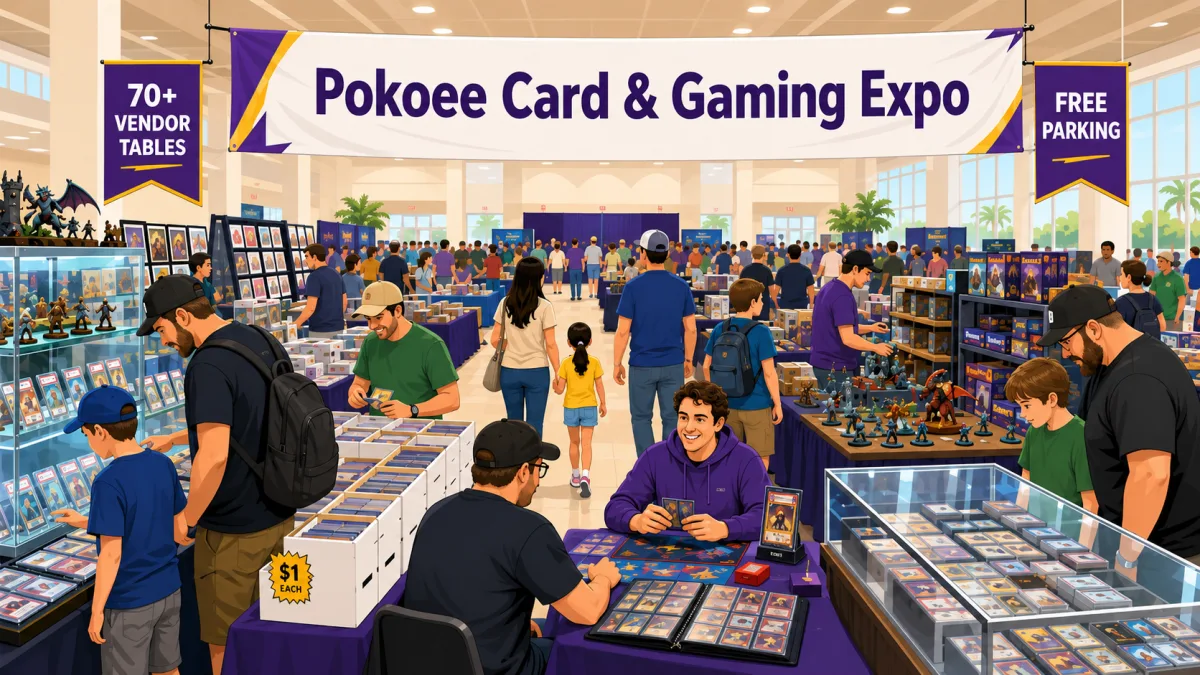 Pokoee Card & Gaming Expo at Ocoee Lakeshore Center in Ocoee FL with 70+ vendor tables, graded card cases, tabletop miniatures, and $1 bargain boxes.