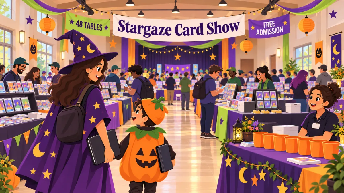 Families in Halloween costumes and collectors browse trading-card tables inside a community hall beneath a Stargaze Card Show banner. Orange treat buckets sit near the welcome table.