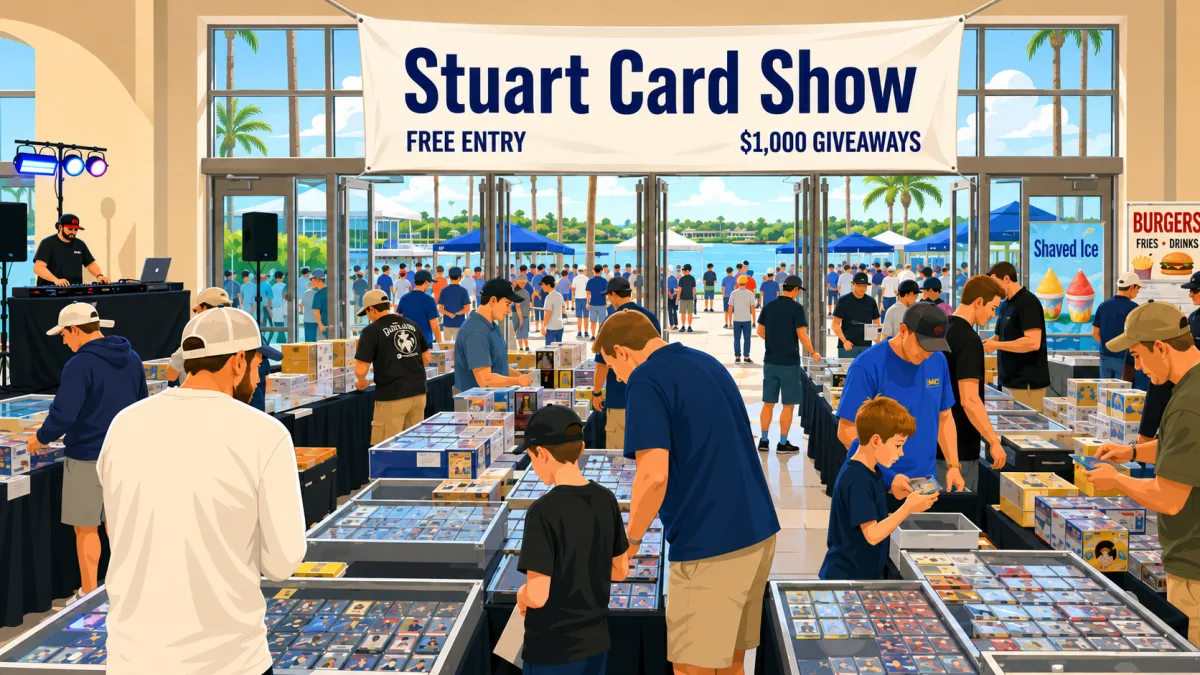 Stuart Card Show collectors browsing glass display cases of graded cards under a Free Entry & $1,000 Giveaways banner, with a DJ booth and waterfront entrance.