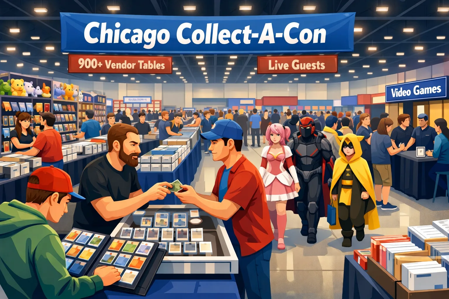 Hero illustration of Chicago Collect-A-Con at a large convention center, showing busy vendor aisles, card showcases, trade binders, anime merch booths, collectors browsing, and a lively convention-floor atmosphere.