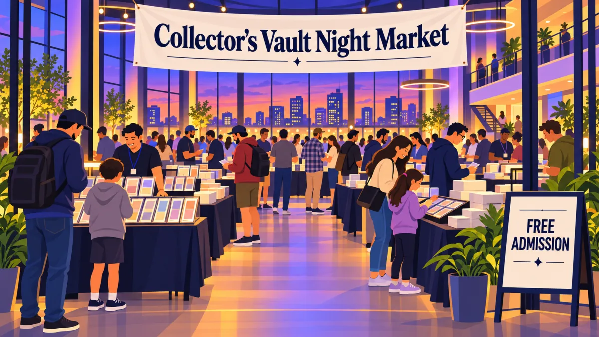 Illustration of collectors browsing card tables inside a dusk-lit Schaumburg venue beneath Collector's Vault Night Market and free-admission signs.