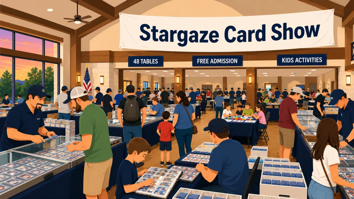 Illustration of families and collectors browsing card tables inside an Austin VFW hall beneath a Stargaze Card Show banner with 48 tables and free admission callouts.