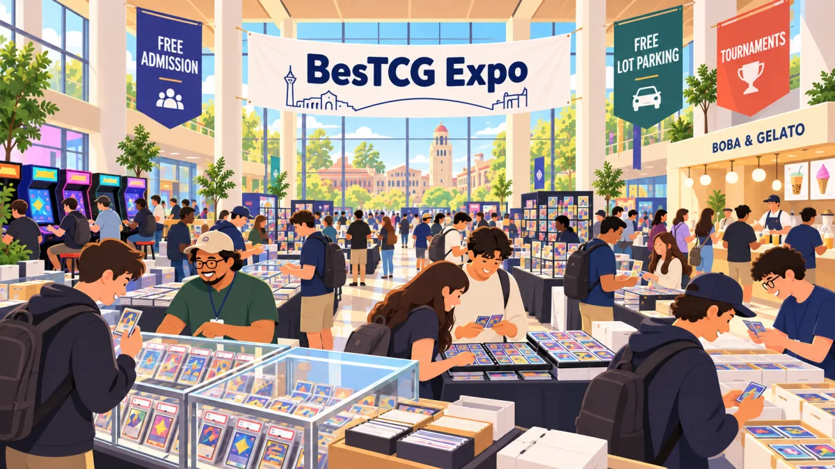Collectors browse trading cards inside a university student union beneath a BesTCG Expo banner, with vendor tables, an arcade corner, and a boba counter.