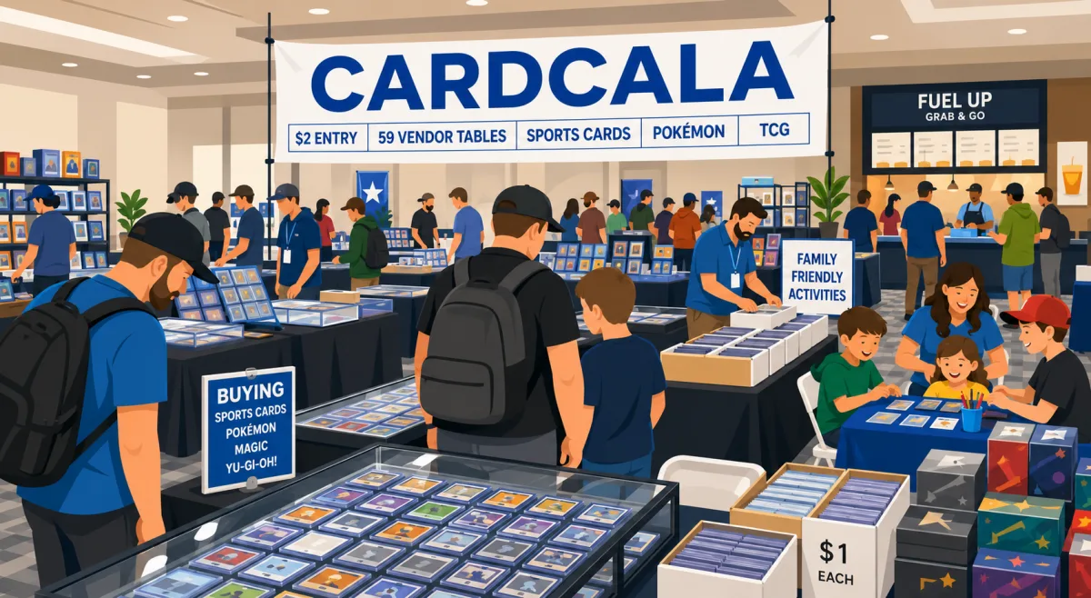 CARDCALA card show inside the College of Central Florida in Ocala, with a 59-vendor banner, glass cases of graded cards, and a kids' activity area.