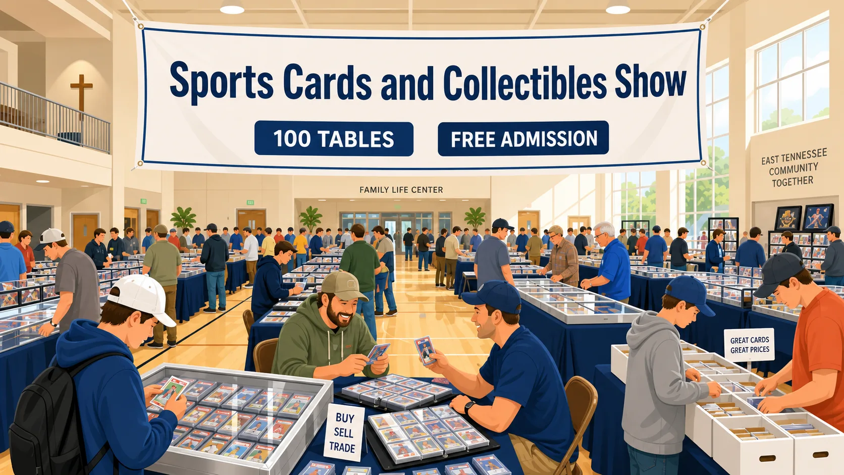 Sports Cards and Collectibles Show at Family Life Center in East Tennessee, with 100 tables of trading cards, buy/sell/trade displays, and free admission.