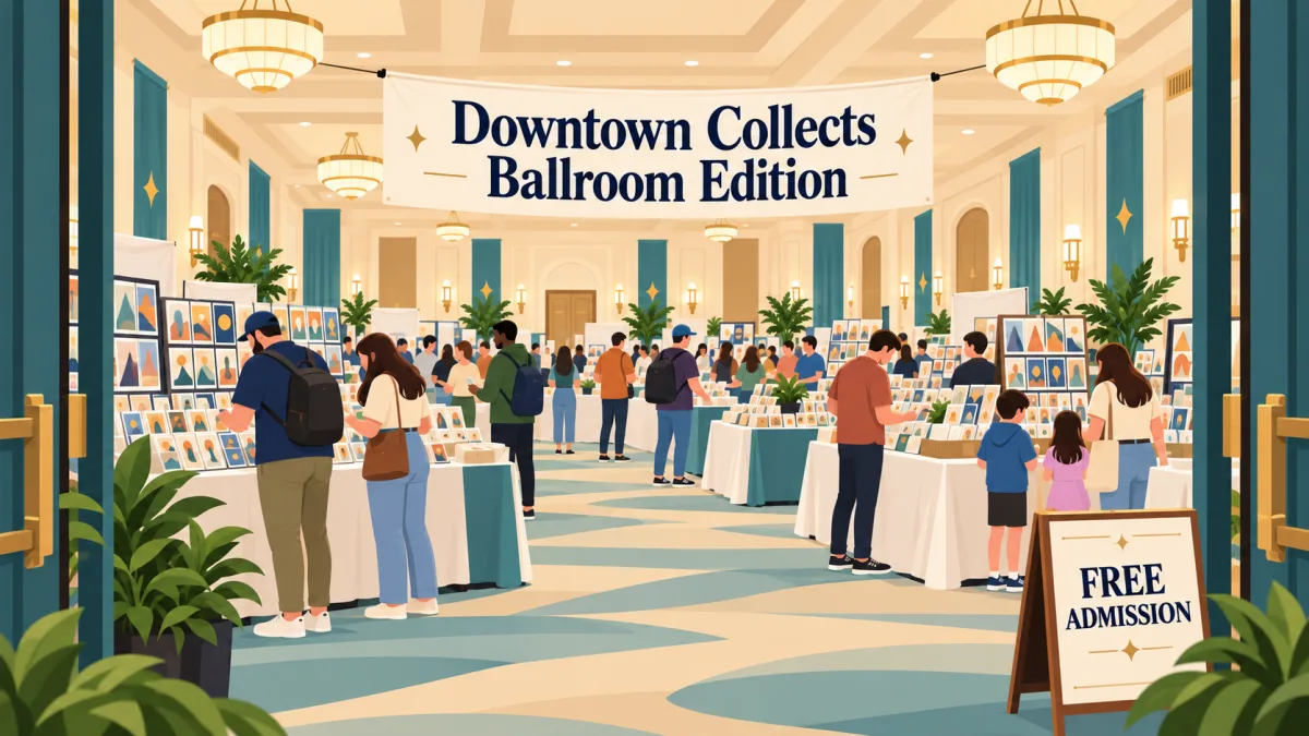 Collectors browse card displays on linen-covered tables inside a warmly lit hotel ballroom. A Downtown Collects Ballroom Edition banner hangs above the marketplace with a free admission sign.