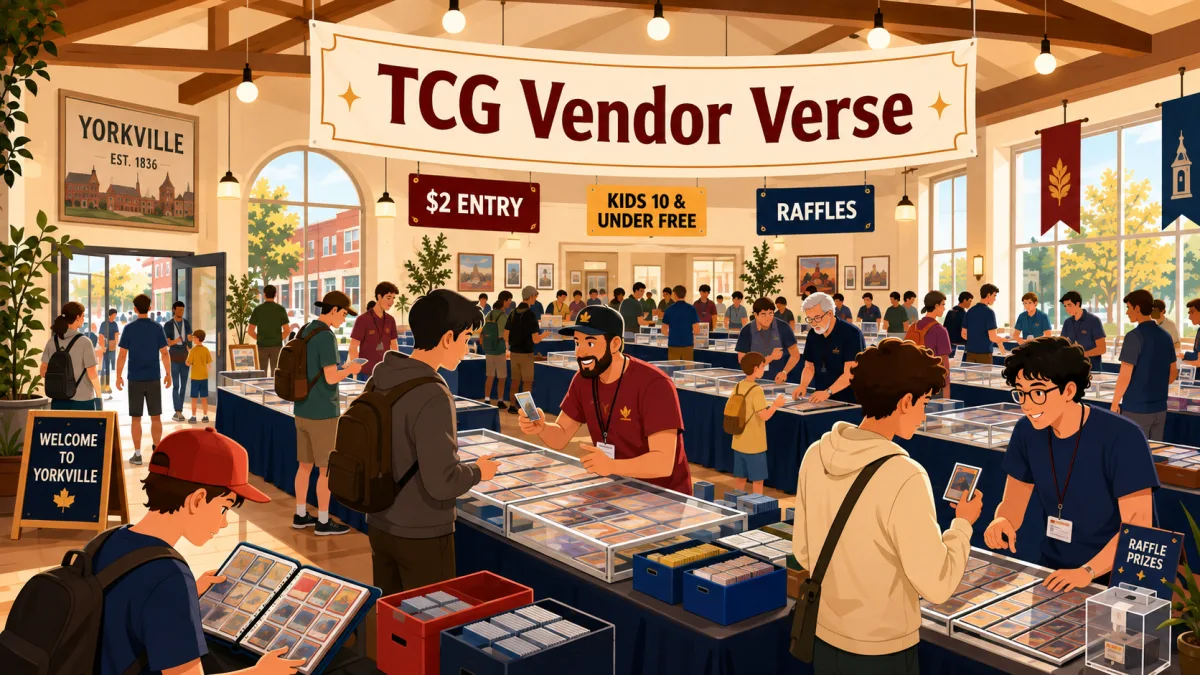 Illustrated interior of TCG Vendor Verse in Yorkville, with collectors browsing generic card displays beneath event, admission, kids-free, and raffle signage.