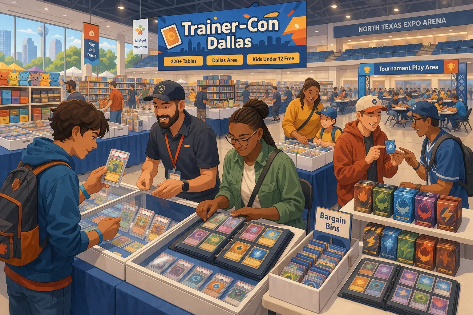 Trainer-Con Dallas hero illustration showing a busy North Texas trading card convention with vendor tables, collectors browsing binders and graded cards, a family shopping together, and event signage inside a large arena in March 2026.