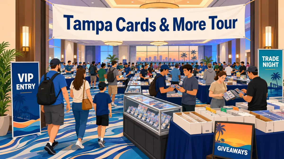 Illustration of collectors and families browsing a Tampa hotel card show beneath a Tampa Cards & More Tour banner with VIP entry, trade night, and giveaway callouts.