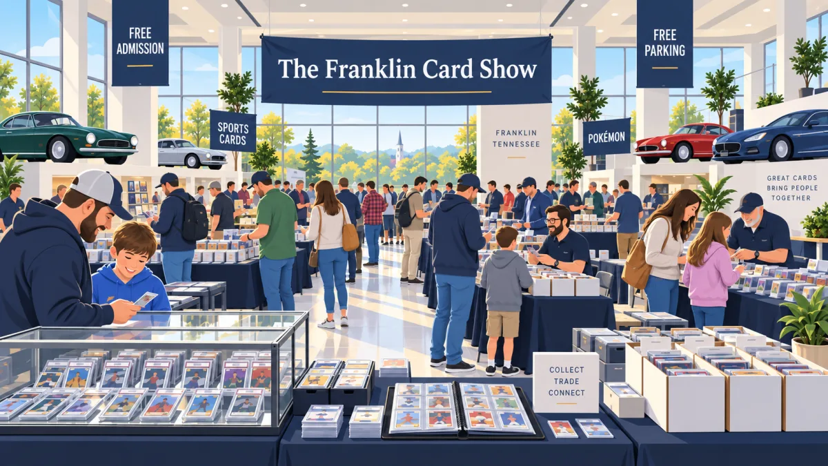 Editorial illustration of collectors browsing card tables inside an automotive showroom beneath The Franklin Card Show banner, with free admission and parking callouts.