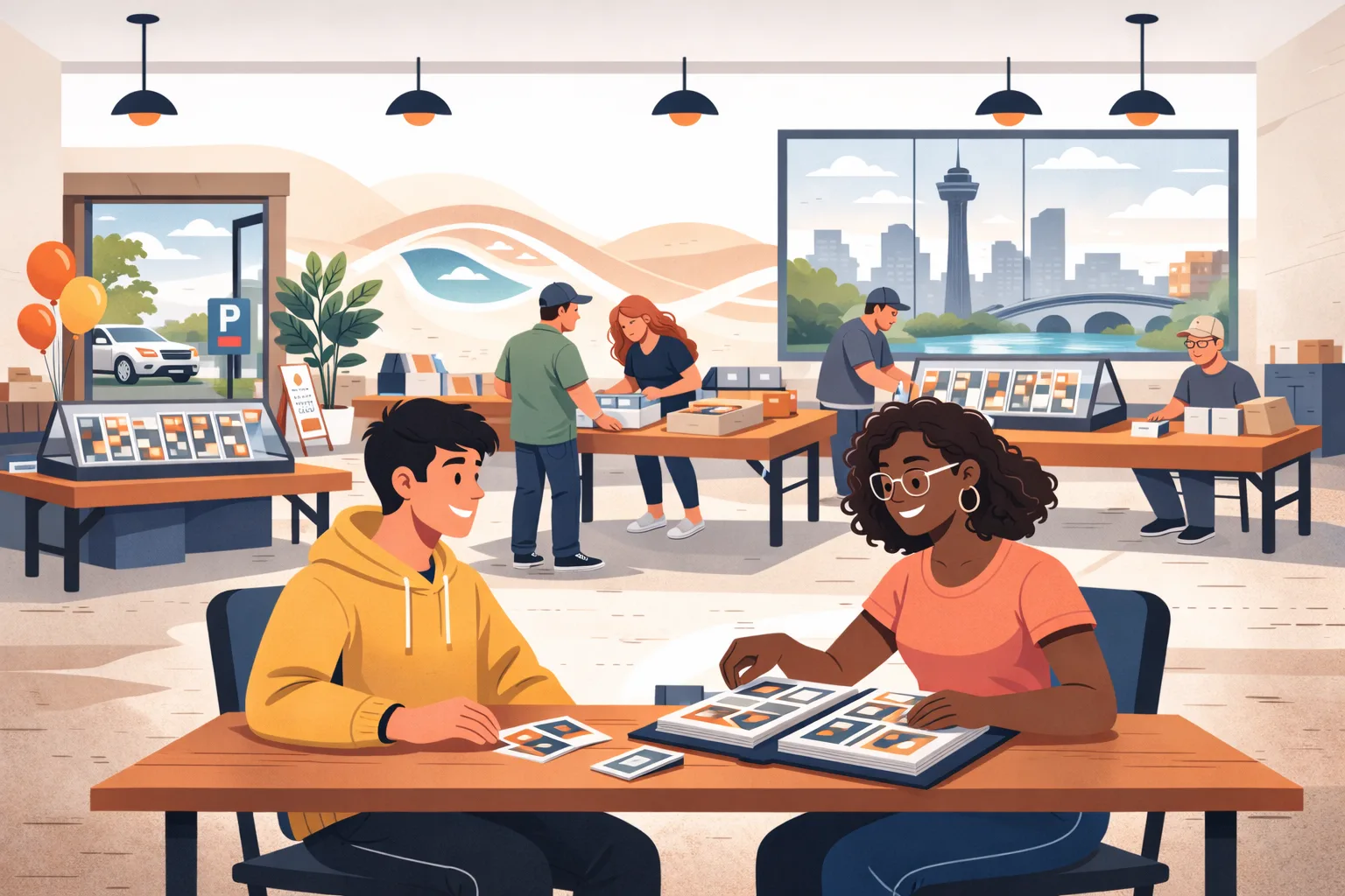 Modern flat illustration of a small San Antonio card show inside a bright lobby-style event space, with two collectors reviewing trading cards at a table and vendor display cases in the background.