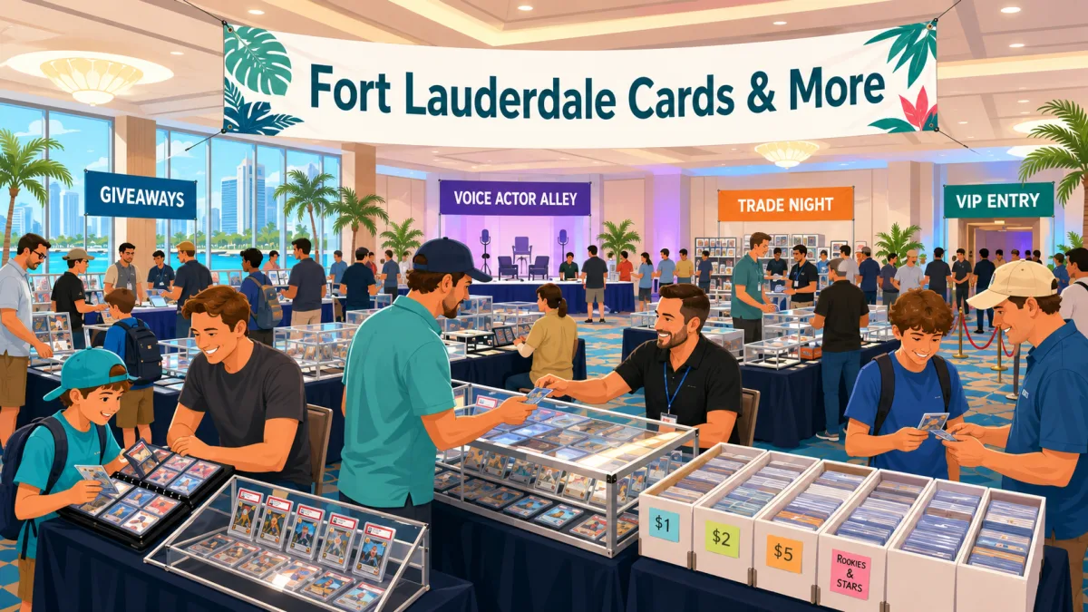 Fort Lauderdale Cards and More at a waterfront hotel ballroom, with glass slab display cases, priced dollar bins, and a Voice Actor Alley stage.