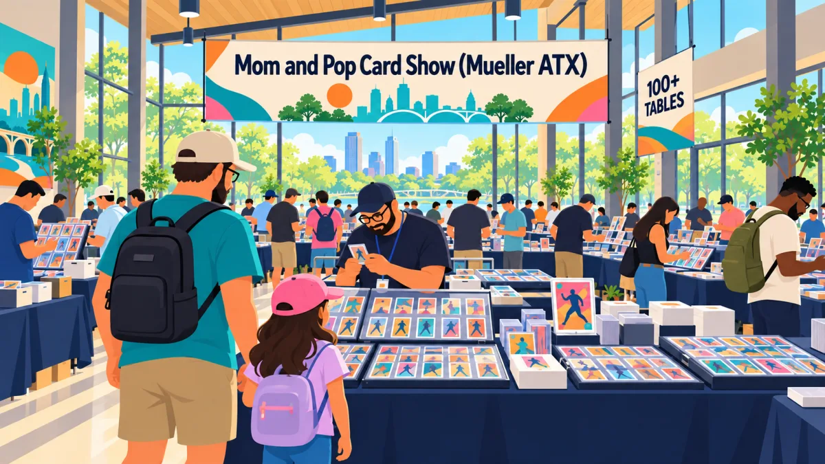 Families and collectors browse trading-card tables inside a bright pavilion beneath a Mom and Pop Card Show (Mueller ATX) banner. Large windows overlook leafy parkland.