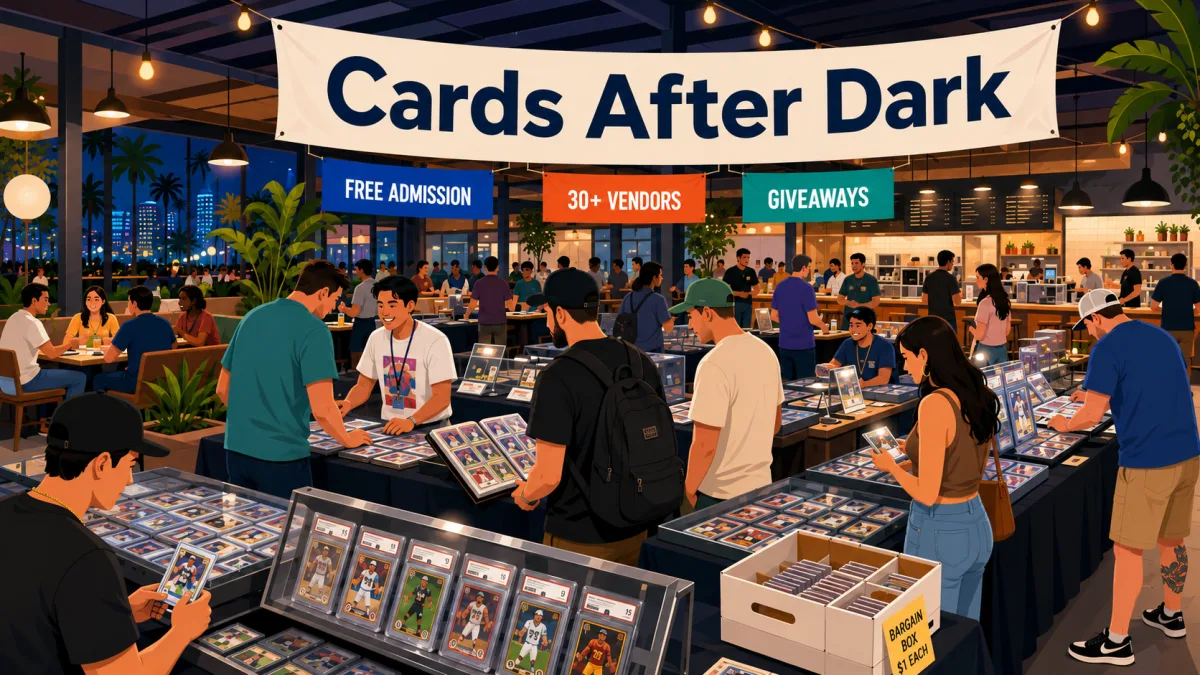 Cards After Dark evening trading card show with graded slabs in glass display cases, 30+ vendor tables, and a $1 bargain box under string lights.