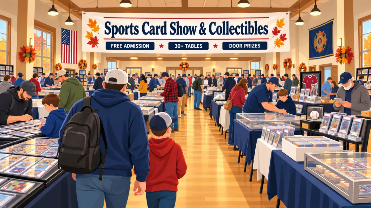 Illustration of families and collectors browsing card and memorabilia tables beneath a Sports Card Show & Collectibles banner inside a Decatur VFW hall.