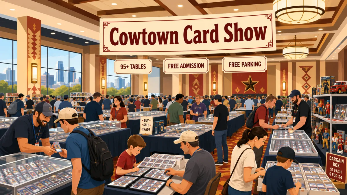 Illustration of collectors browsing tables at Cowtown Card Show inside a Fort Worth hotel ballroom.