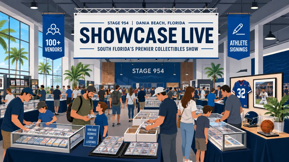 Collectors and families browse card and memorabilia tables beneath a Showcase Live banner inside a modern South Florida event venue.