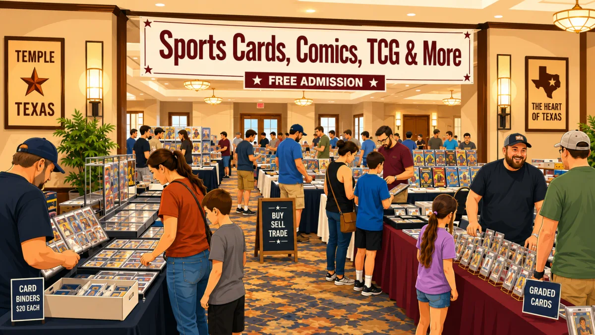 Illustration of collectors browsing cards, comics, and mixed collectibles beneath a Sports Cards, Comics, TCG & More banner with free admission noted.